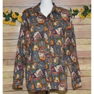 Vintage Eagle River Traders Ladies 16 Brown Print Long Sleeve Button Front Shirt